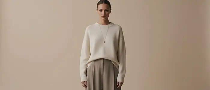 زنی با استایل مینیمال و لباس‌های ساده در پس‌زمینه خنثی، نمایانگر مد آرام، کاربردی و مبتنی بر سادگی و فرم