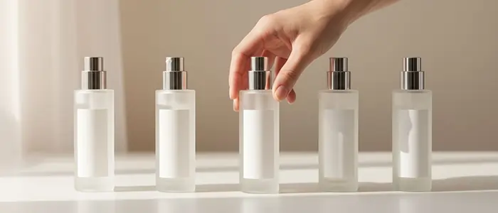 چیدمان ردیفی از بطری‌های ساده محصولات مراقبتی با طراحی مینیمال، دست در حال انتخاب یکی از محصولات، نمادی از مقایسه و انتخاب آگاهانه