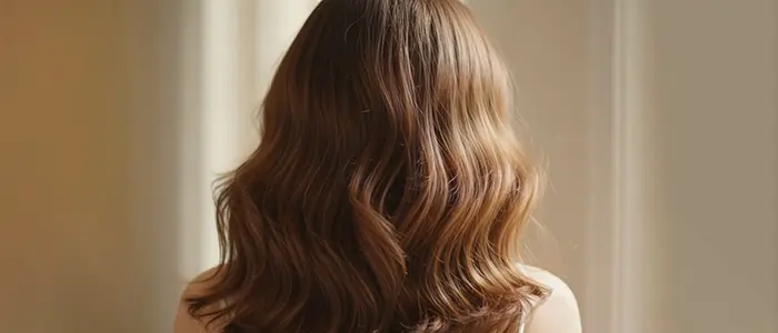 نمای پشت سر از موهای سالم و موج‌دار یک زن در نور طبیعی، با تأکید بر بافت مو، درخشش و زیبایی طبیعی موها