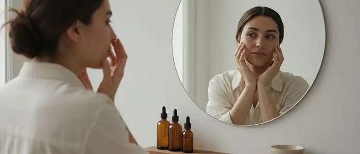 زنی در حال لمس آرام پوست صورت خود مقابل آینه، در فضای مینیمال و روشن، نمادی از مراقبت پوستی روزانه و توجه آگاهانه به سلامت پوست