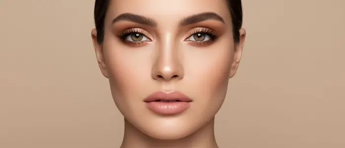 پرتره‌ی روبه‌رو از چهره‌ی یک زن با آرایش حرفه‌ای و متعادل، تمرکز بر چشم‌ها، کانتور ملایم و جلوه‌ی یکدست پوست