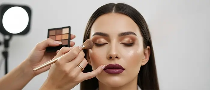 میکاپ آرتیست در حال اجرای آرایش حرفه‌ای چشم با براش روی صورت یک زن، با تمرکز بر تکنیک، دقت و جلوه نهایی میکاپ