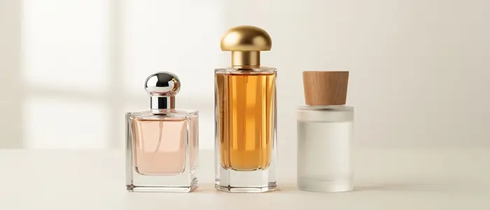 سه شیشه عطر شیشه‌ای با طراحی ساده و نور طبیعی، نمادی از تنوع رایحه، ظرافت بصری و زیبایی کلاسیک عطرها
