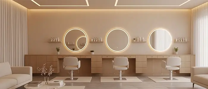 فضای داخلی یک سالن زیبایی مدرن با صندلی‌ها و آینه‌های نورپردازی‌شده، طراحی مینیمال و محیطی آرام و حرفه‌ای
