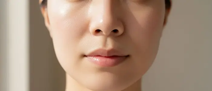 نمای نزدیک از پوست طبیعی و بدون آرایش صورت یک زن در نور ملایم، با تأکید بر بافت پوست، شفافیت و سلامت چهره