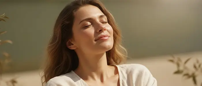 زنی با چهره‌ای آرام و چشمان بسته در نور طبیعی فضای باز، نمادی از آرامش، پذیرش خود و زیبایی طبیعی