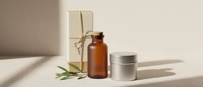 چیدمان مینیمال از محصولات مراقبتی با بسته‌بندی ساده و رنگ‌های طبیعی، همراه با برگ سبز، نمادی از زیبایی پایدار و مصرف آگاهانه