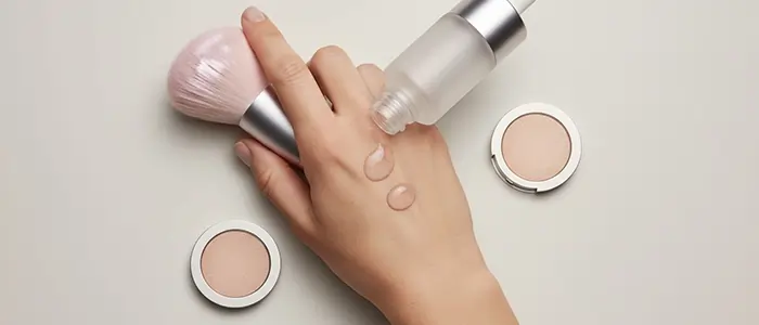 نمای بالا از دست در حال تست بافت محصول آرایشی مایع در کنار براش و پنکک، با تمرکز بر ترندهای آرایشی، بافت سبک و جلوه طبیعی