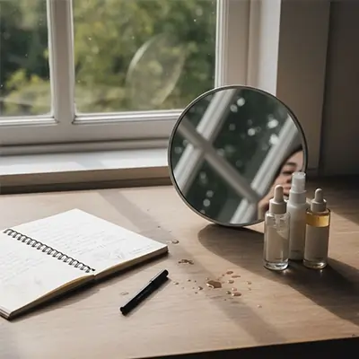 تصویر یک قلم و دفتر و آینه و چهره یک زن در آینه به همراه چن محصول پوستی