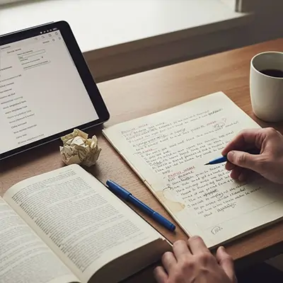 تصویر یک دست مشغول نوشتن یک مطلب و بک تبلت و کتاب