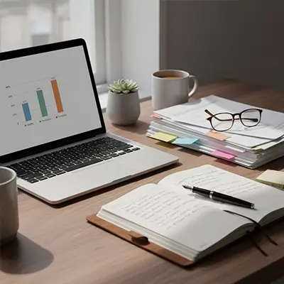 یک لپ تاپ به همراه چند برگه و یک دفتر و قلم