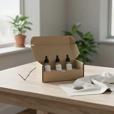 تصویر چند سرم پوستی داخل جعبه که روی میز قرار دارد