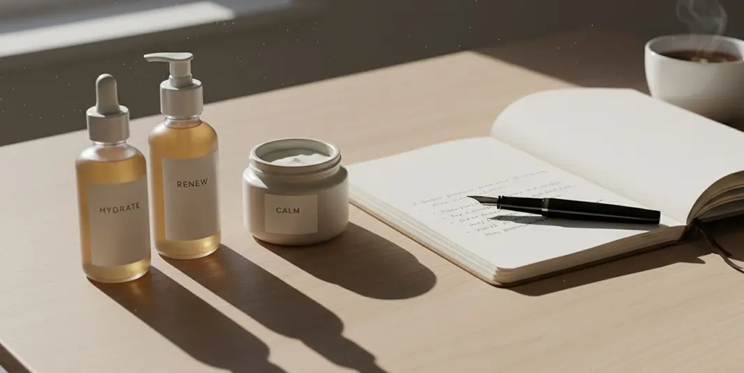 یک دفتر و قلم به همراه محصولات پوستی