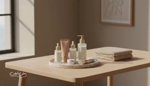 چیدمان یک ست هدیه آرایشی و بهداشتی شامل محصولات مراقبت پوست و ابزار آرایش روی میز آرایش، مناسب راهنمای انتخاب هدیه