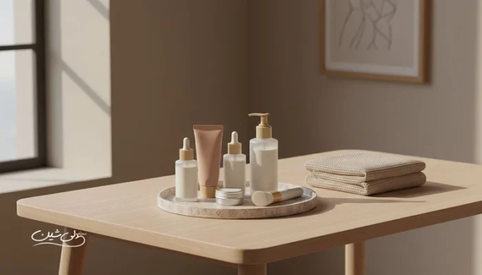 چیدمان یک ست هدیه آرایشی و بهداشتی شامل محصولات مراقبت پوست و ابزار آرایش روی میز آرایش، مناسب راهنمای انتخاب هدیه