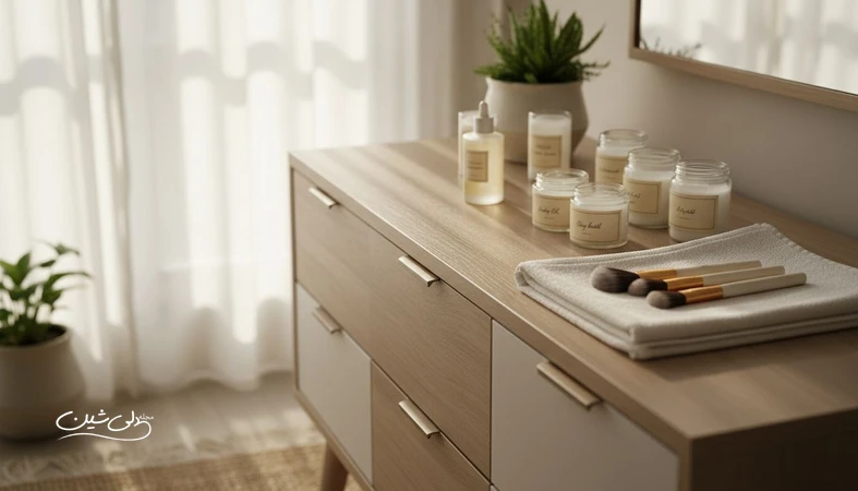 میز آرایش مرتب با نگهداری اصولی محصولات زیبایی، براشهای تمیز و محصولات دور از نور برای افزایش اثربخشی و رعایت تاریخ مصرف