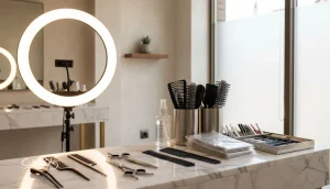 چیدمان تمیز و حرفه‌ای تجهیزات سالن زیبایی ضروری شامل ابزار مو، ناخن، لوازم ضدعفونی و نورپردازی در یک فضای سالن