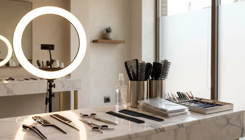 چیدمان تمیز و حرفه‌ای تجهیزات سالن زیبایی ضروری شامل ابزار مو، ناخن، لوازم ضدعفونی و نورپردازی در یک فضای سالن
