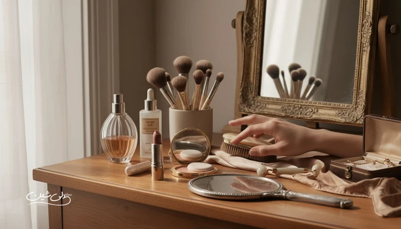 تصویر مفهومی از تغییر معیارهای زیبایی در گذر زمان با ابزار آرایش و مراقبت پوست در سبک کلاسیک و مدرن