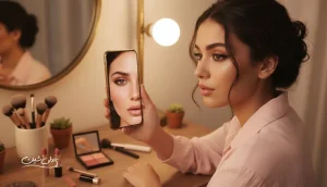 تصویر مفهومی از تاثیر سلبریتی ها بر استانداردهای زیبایی با انعکاس چهره در موبایل و ابزار آرایش روی میز