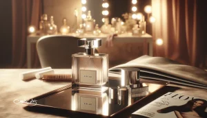 تصویر مفهومی از عطرهای سلبریتی با بطری عطر بدون برند و بلاتر تست رایحه روی میز آرایش، مناسب مقاله بررسی کیفیت و داستان پشت عطرهای مشهور