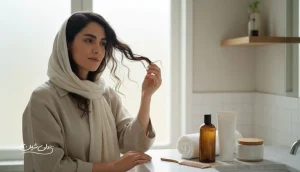 تصویر مفهومی از مشکلات رایج مو مثل ریزش، خشکی و کدری در کنار ابزارهای مراقبت مو