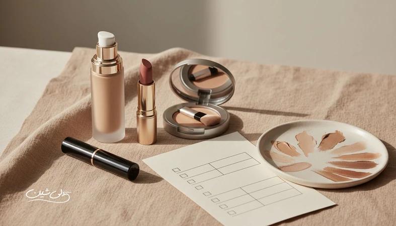 تصویر مفهومی برای مقایسه برندهای آرایشی و ارزیابی ارزش خرید با نمایش محصولات بدون برند و ابزار بررسی کیفیت