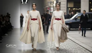 تصویر مفهومی از مسیر ترند از فشن شو تا استایل خیابانی؛ مدل با استایل مدرن و نورپردازی ترکیبی کت‌واک و خیابان