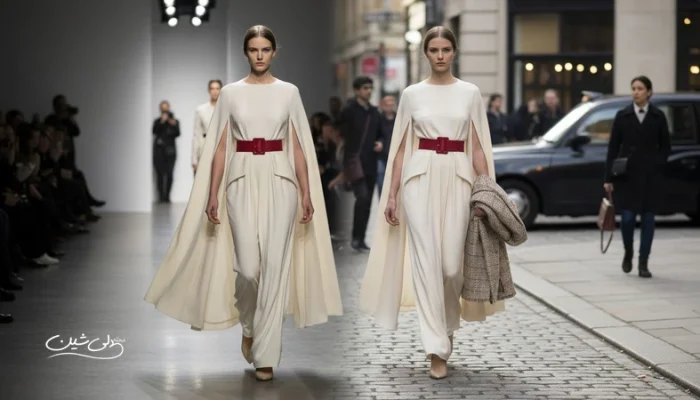 تصویر مفهومی از مسیر ترند از فشن شو تا استایل خیابانی؛ مدل با استایل مدرن و نورپردازی ترکیبی کت‌واک و خیابان