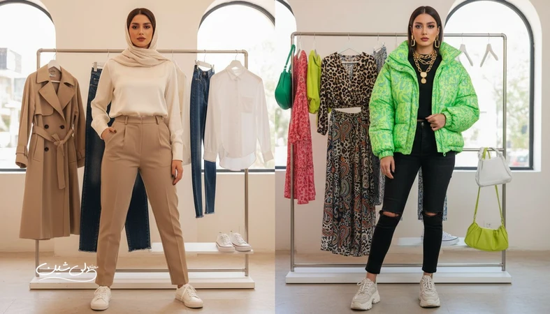 مقایسه ترندهای زودگذر و آیتم های ماندگار مد و فشن در یک تصویر مفهومی با استایل مینیمال