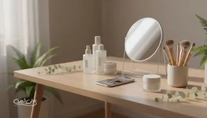 میز آرایش مینیمال با محصولات مراقبت پوست و ابزار آرایشی، نمایی مفهومی از ترندهای جهانی زیبایی و حرکت به سمت زیبایی طبیعی و مصرف آگاهانه