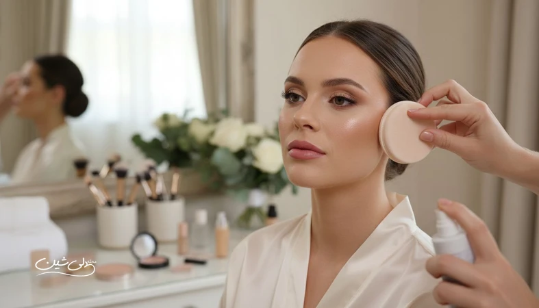 آرایش عروس ماندگار در حال فیکس شدن توسط میکاپ آرتیست، با زیرسازی طبیعی و مناسب عکاسی و نور فلش