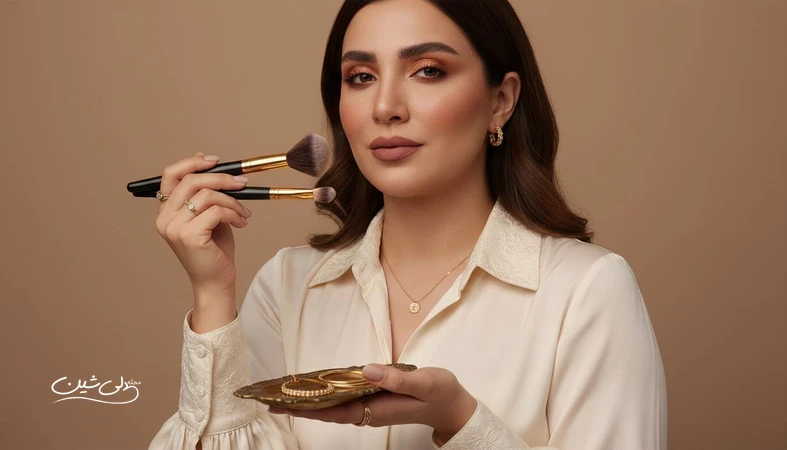 هماهنگی آرایش و اکسسوری با زیورآلات طلایی ظریف و میکاپ گرم و طبیعی برای استایل یکپارچه