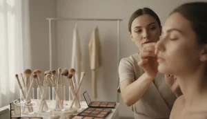 پشت صحنه کار یک میکاپ آرتیست حرفه‌ای با ابزار آرایش تمیز و آماده‌سازی پوست برای آرایش ماندگار