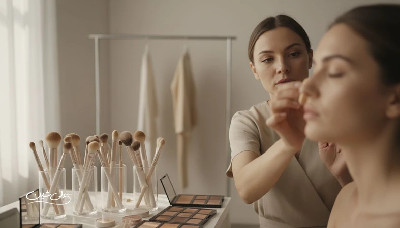 پشت صحنه کار یک میکاپ آرتیست حرفهای با ابزار آرایش تمیز و آمادهسازی پوست برای آرایش ماندگار