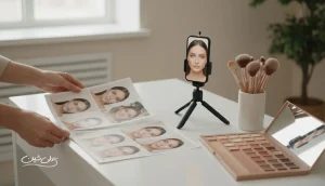 چیدمان حرفه‌ای پرتفولیوی میکاپ آرتیست با عکس‌های قبل و بعد، ابزار آرایش و موبایل روی سه‌پایه برای ساخت نمونه‌کار جذب‌کننده