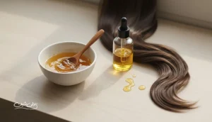 ترکیبات ماسک طبیعی مو مثل عسل، آلوئه‌ورا و روغن‌های گیاهی روی میز مراقبت مو؛ تصویر مفهومی برای بررسی واقعیت و باورهای نادرست ماسک خانگی مو