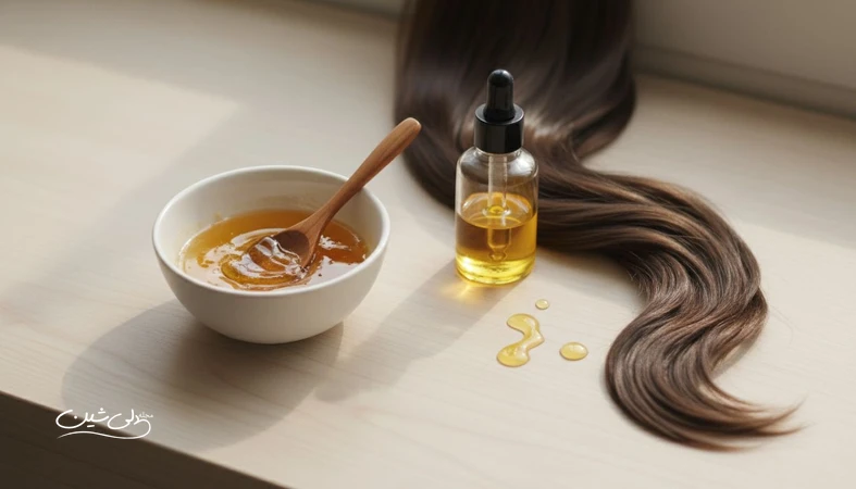 ترکیبات ماسک طبیعی مو مثل عسل، آلوئه‌ورا و روغن‌های گیاهی روی میز مراقبت مو؛ تصویر مفهومی برای بررسی واقعیت و باورهای نادرست ماسک خانگی مو