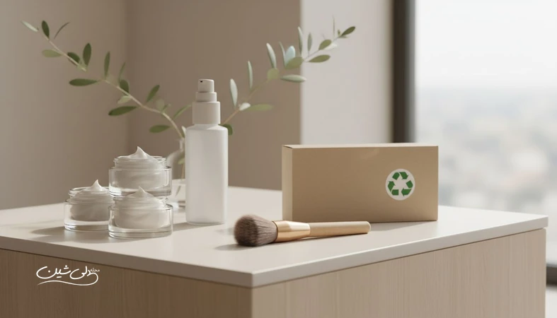 تصویر مفهومی از محصولات مراقبت پوست با بستهبندی ساده و قابل بازیافت برای معرفی برندهای طبیعی و پایدار و زیبایی مسئولانه