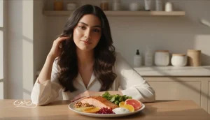 تغذیه و زیبایی؛ تصویر مفهومی از غذاهای مفید مثل ماهی، گردو، انار و سبزیجات برای سلامت پوست و مو