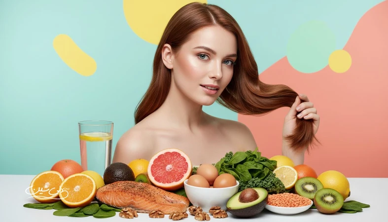 تغذیه برای شفافیت پوست و استحکام مو با نمایش مواد غذایی مفید مثل ماهی، مغزها و میوه های تازه در کنار چهره با پوست شفاف
