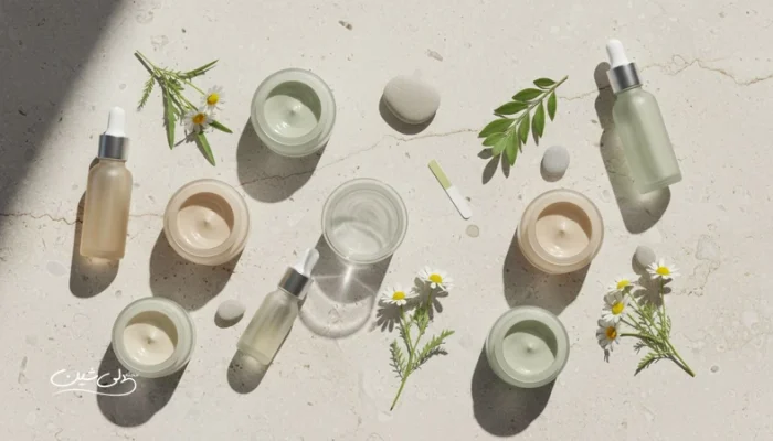 چیدمان مفهومی محصولات ارگانیک زیبایی کنار ابزار ساده آزمایشگاهی برای بررسی علمی و واقعیت ادعاهای ارگانیک