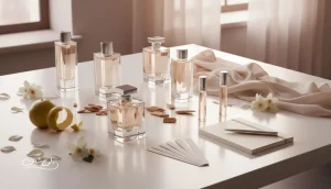 نمای مفهومی از ترندهای صنعت عطر با بطری‌های بدون برند، مواد اولیه رایحه و بلاتر تست عطر روی میز