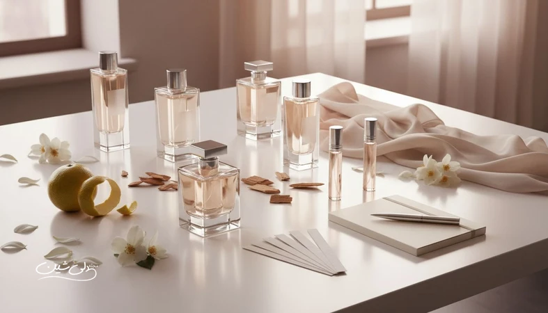 نمای مفهومی از ترندهای صنعت عطر با بطریهای بدون برند، مواد اولیه رایحه و بلاتر تست عطر روی میز