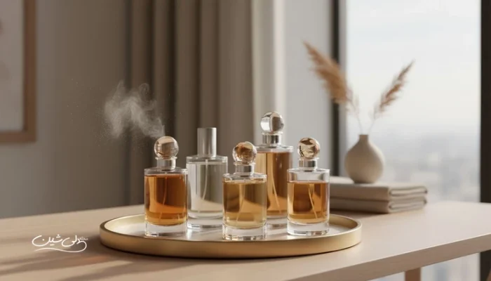 مقایسه انواع عطر و ادکلن از نظر غلظت و کاربرد؛ شیشه‌های عطر روی میز آرایش با نور طبیعی
