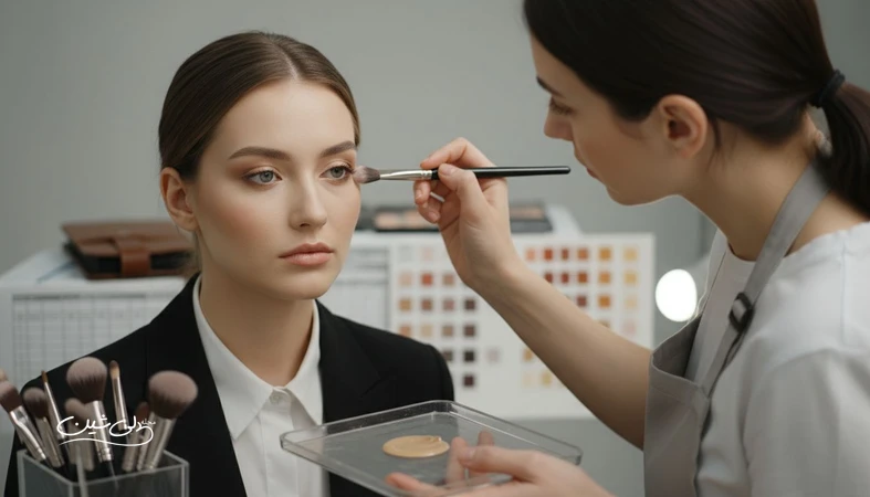 میکاپ آرتیست حرفهای در حال آرایش مدل با ابزار بهداشتی و تمرکز بر مهارتهای کلیدی فراتر از ترند