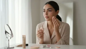 آرایش روزانه حرفه ای و طبیعی با محصولات مینیمال روی میز آرایش در نور صبح