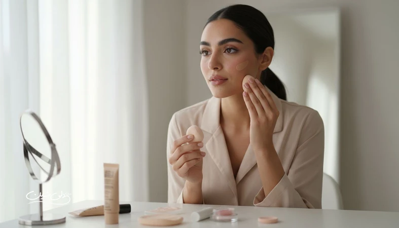 آرایش روزانه حرفه ای و طبیعی با محصولات مینیمال روی میز آرایش در نور صبح