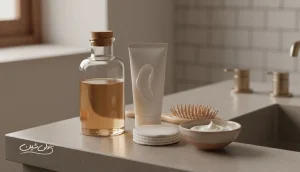 نمایی از روتین زیبایی با بسته بندی کم پلاستیک شامل پد قابل شست وشو و محصولات ساده برای کاهش مصرف پلاستیک