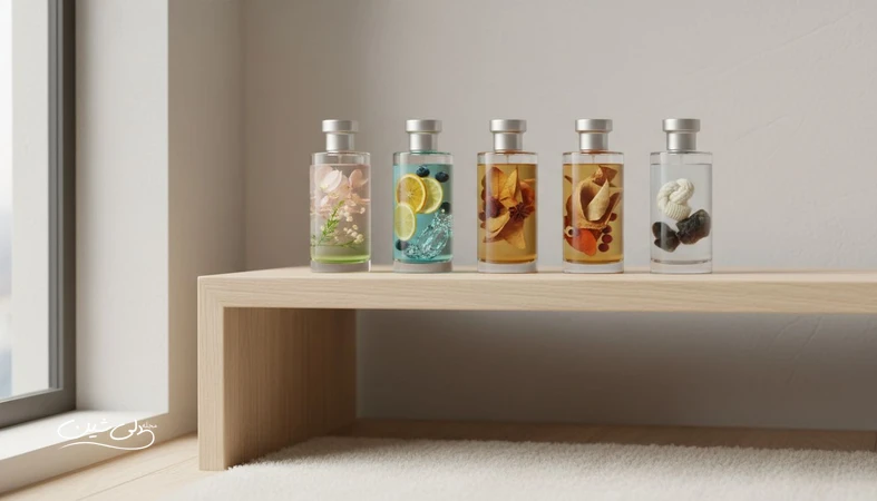 تصویر مفهومی از عطرهای فصلی با چهار شیشه عطر و نشانههای بهار، تابستان، پاییز و زمستان برای راهنمای انتخاب رایحه مناسب هر فصل